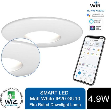 4lite WiZ Connected GU10 Smart LED Bulb with Matt White FireRated Downlight IP20