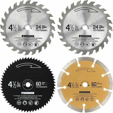 115MM Lame de Scie Circulaire, 24T, 60T et 60 Grits, TCT, HSS et Diamant Lame Incliné, Bois, métal et Diamant Mini Circulaire métaux Non ferreux Lames de scie (Pack de 4)