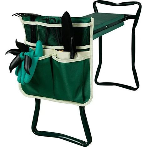 Sac à outils de jardin portable en tissu Oxford, à suspendre, avec plusieurs poches, pour tabouret de jardinage, vert et beige, 32 x 31,5 cm (1/5)