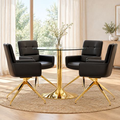 Set tavolo e sedie rotondo 85 cm, vetro temperato, 4 poltrone girevoli nero e oro DESVIAE (1/5)
