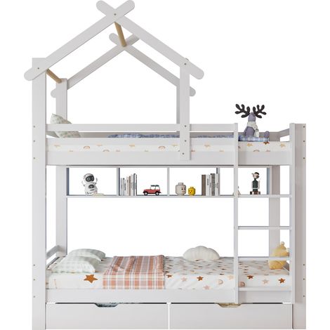 Lit superposé avec tiroirs et étagères, maison avec échelle droite à 3 marches, garde-corps, gain de place pour chambre enfant, 90x200 cm, blanc, bois et MDF  CHICFURN (1/5)