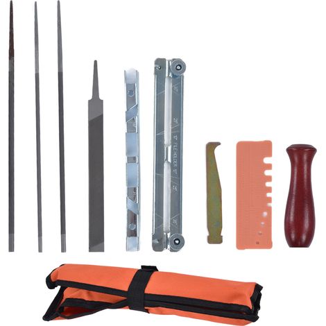 Lot de 10 limes affûteuse de chaîne tronçonneuse avec jauge et manche, kit outil aiguisage dent scie. (1/5)
