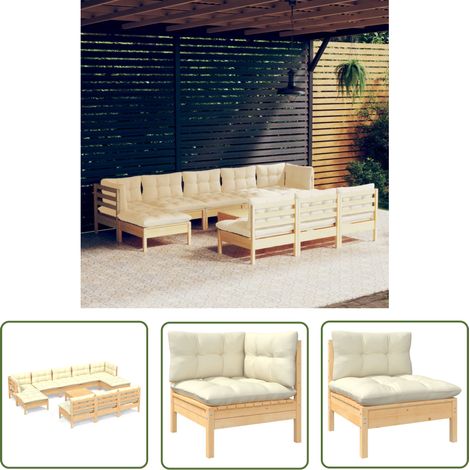 The Living Store 11-tlg. Garten-Lounge-Set mit Creme Kissen Kiefernholz - Gartensaison - Lounge Set - Gartenmöbel - Outdoor Möbel - Rattan Gartenmöbel (1/5)