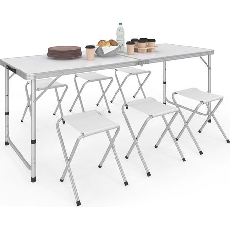 Zusammenklappbarer, höhenverstellbarer Campingtisch 160 cm und 6 weiße Hocker