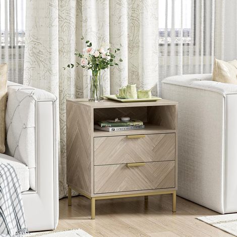 Bedside Table with 2 Drawers Open Compartment Chevron Bedside Table with Metal Legs, Side Tables for Living Room, Bedroom 50 x 40 x 60 cm (1/5)