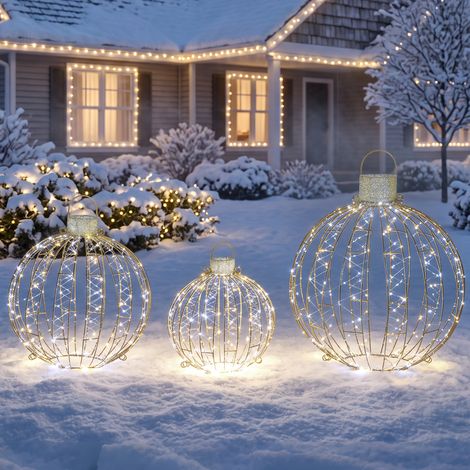 Ensemble de 3 boules de Noël lumineuses pour l'extérieur, 360 LED blanc chaud/blanc froid, lumière continue et clignotante, minuterie 24 heures (1/5)