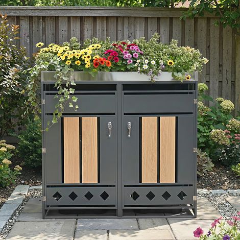 Armoire cache-poubelles de jardin en acier galvanisé gris et décor bois, 2 compartiments, verrouillable, avec bac à plantes (1/5)