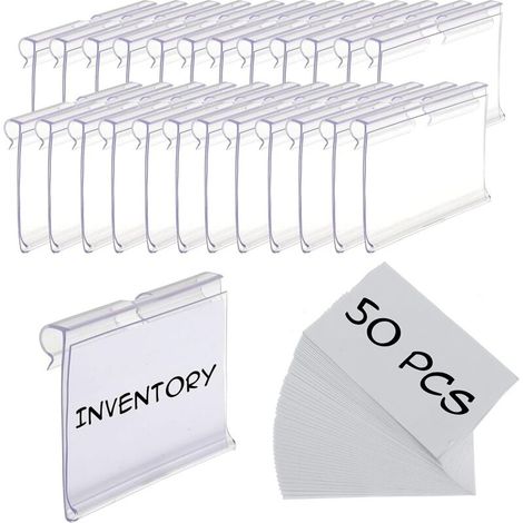 Lot de 50 étiquettes pour bacs de rangement, clip d'étiquette en plastique, étiquettes de panier à clipser sur étagère métallique, support d'étiquette de prix (2,76 x 1,65 pouces) (1/4)