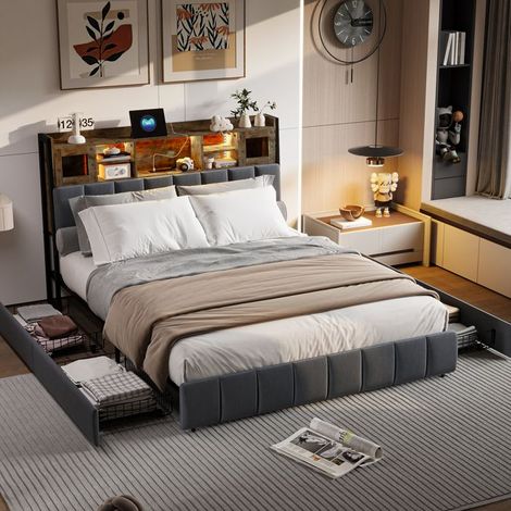 Lit double capitonné 160x200 cm pour adulte en lin,Cadre de lit adulte rembourré avec 4 tiroirs, tête de lit avec rangement et LED (1/5)