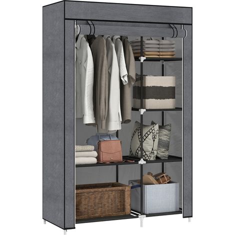 Rail and Six Shelf Fabric Wardrobe - Dark Grey (1/5)