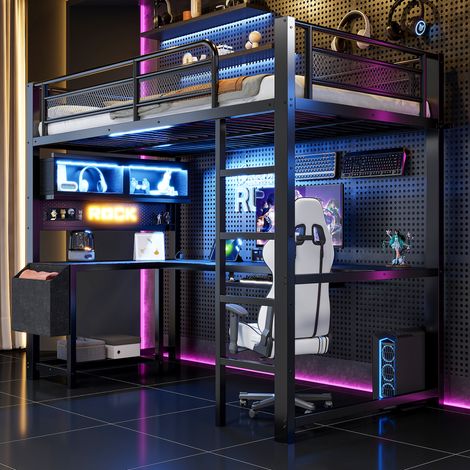 Lit mezzanine gamer - LED LED gamer - 90x200 cm - Bureau intégré, rangements, tiroirs - Métal - Noir (1/5)
