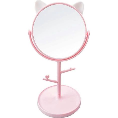 Miroir de table mignon en forme d'oreilles de chat - kawaii et miroir de coiffeuse, convient pour la salle de bain ou la chambre - rose (1/5)