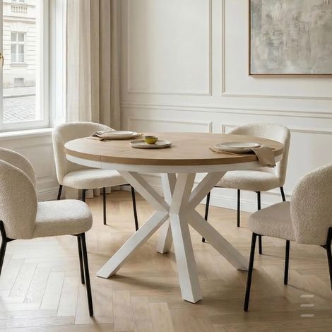 Table à manger ronde extensible RAL avec cerclage métallique, style loft, industriel, diamètre : 90 / 140 cm, couleur :Craft or / blanc