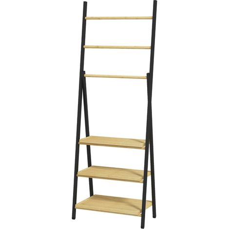 Toallero plegable Crezuo con 3 barras para colgar y 3 estantes de bambú para baño, estructura de metal negro.-Crezuo