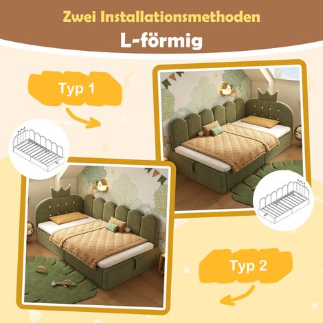 Lit de jour rembourré 90x190 cm avec rangement hydraulique. Style en L velours motif grille,adapté chambre d’amis vert sans matelas.