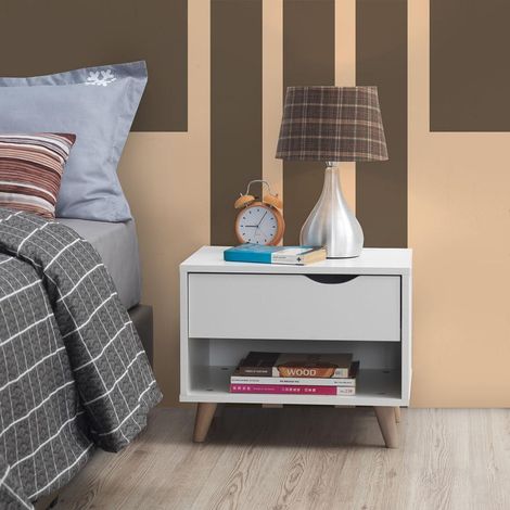 White Scandinavian Nightstand With 1 Drawer Wooden Bedside Table Particle Board (1/5)