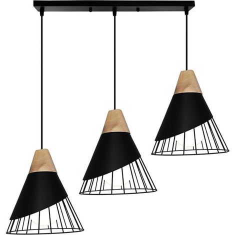 SABIR Suspension Luminaire 3 lumières en Barre Noir Plafonnier Lustre en Bois Fer Eclairage Décoration pour Couloir Restaurant Ba (1/5)