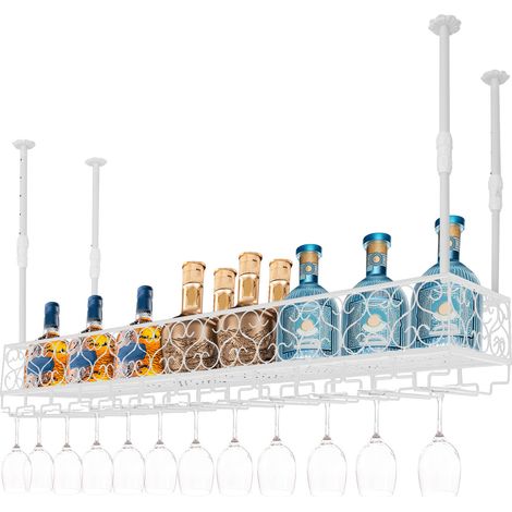 Support à vin suspendu blanc - Verres suspendus - Plafond - Charge 50 kg - 12-24 bouteilles - Hauteur réglable - Pour cuisine, bar