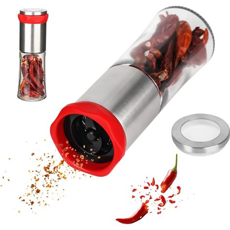 Chilimühle aus Edelstahl und Glas – Chilischneider – Küchenutensil – Gewürzmühle für grobe Gewürze – Nachfüllpackung für Pfeffer und Salz (1/5)