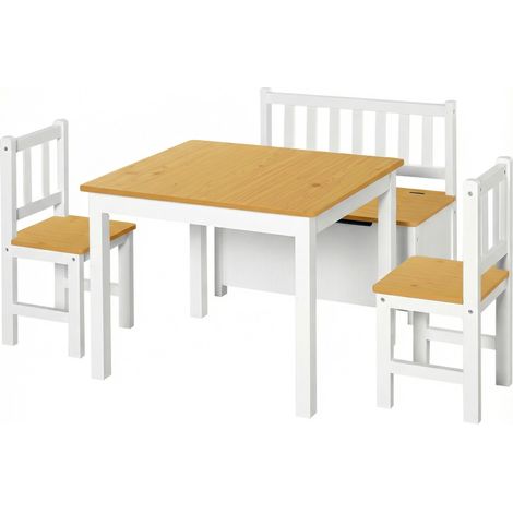 Ensemble mobilier enfant quatre pièces blanc et naturel. Table, idéal pour les activités manuelles des petits dès 3 ans.