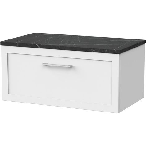 Stonnall Traditional Wall Hung 1 Drawer Vanity Unit with Black Pietra Marble Laminate Worktop, 800mm, Matt White