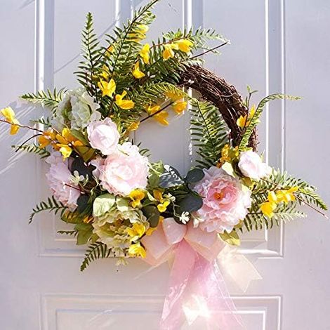 Couronne hortensia pivoine 50 cm, printemps-été, rotin, nœud rose