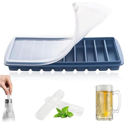 Set mit 1 Silikon-Eiswürfelform, leicht zu entformen, stapelbar mit Deckel, 10 Mulden, ideal für Wasser- und Sportflaschen, blau (1/5)