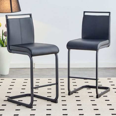 Lot de 2 tabourets de bar scandinaves simili cuir noir pieds métal noir h.96.5 cm cuisine îlot central (1/5)