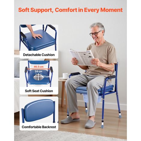 Chaise Percée avec Grande Capacité de Charge 181 kg, Siège de Toilette Surélevé avec Dossier Rembourré, Chaise de Nuit avec Seau Am… (1/5)