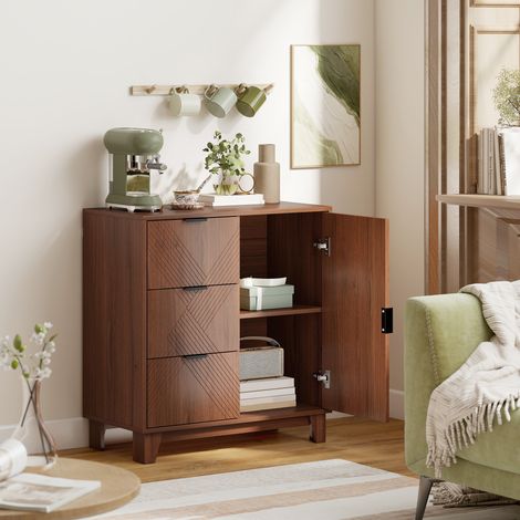 effet bois marron, Buffet salon meuble de rangement avec placard à porte 3 tiroirs et étagère réglable 75 x 39 x 80 centimètres