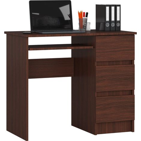 Escritorio de ordenador AKORD A6 Wenge 90 cm con lado derecho 3 cajones frente en color Wenge 1 estante 90x50x77 cm (1/5)