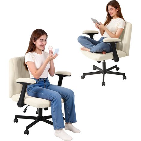 WILITTO Chaise de Bureau Ergonomique avec Accoudoirs Pivotants - Fauteuil de Bureau Confortable en Tissu, Coussin Épais et Roues Silencieuses, pour Maison, Bureau et Petits Espaces, Beige (1/5)