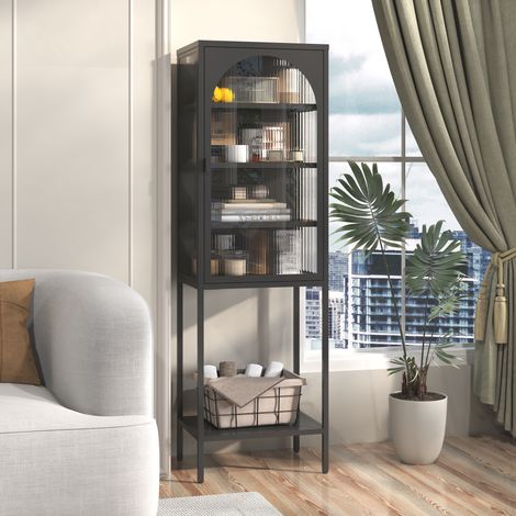 Armoire vitrine en métal et verre noir avec porte en verre strié et 3 tablettes réglables (1/5)