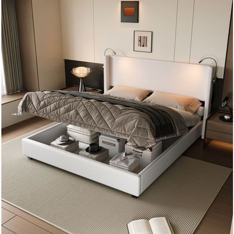 Cama litera 140x200 cm - TANANT - Terciopelo de canalé - LED integrada - Almacenamiento práctico - Estilo escandinavo