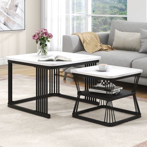 Set 2 tables d’appoint modernes aspect marbre,acier blanc-noir. Dimensions 65x65x45 et 45x45x39,5 cm. (1/5)