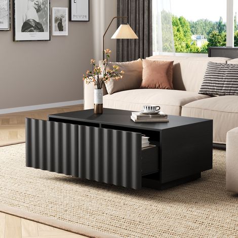 Tavolino da salotto 100 x 50 x 40 cm con 2 cassetti portaoggetti - Tavolo da caffè moderno design ondulato 3D in legno mdf - Nero (1/5)