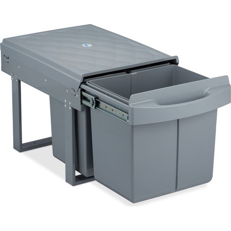 Relaxdays Built-in Waste Bin 3-Compartment, 15 and 8 L, Pull-out Disposal Unit, Recycling, HWD: 34.5 x 34 x 53 cm, Grey (1/5)