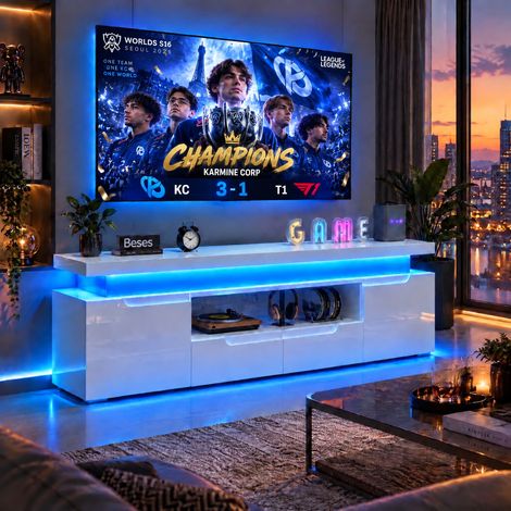 JOOKGBD‑Meuble TV brillant 180 cm blanc,meuble de salon avec éclairage RGB commande télécommande et application,prises secteur USB‑Type‑C,2 tiroirs et 2 armoires de rangement,design moderne pour salon (1/5)