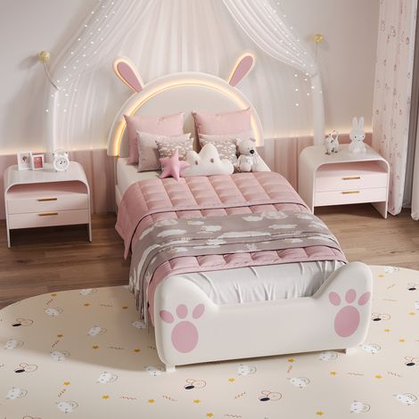 Lit de Fille 90x200 cm avec sommier à Lattes, Lit d'enfant avec Lumière LED, Décoration en Forme de Lapin - Rosa+Blanc