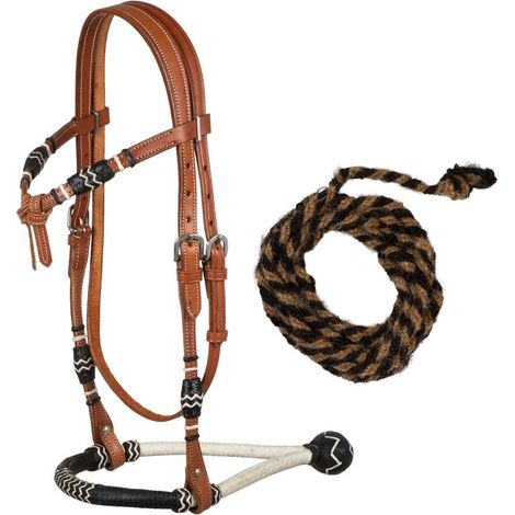 Bosal set in cuoio con mecate in crine e decorazioni in gomma bianco e nero