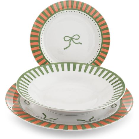 H&H Servizio Tavola Candy in Porcellana Decorata Forma Ala 18 Pezzi – 6 Piatti Piani 27 cm, 6 Fondi 23 cm, 6 Frutta 19,5 cm – Idoneo Lavastoviglie e Microonde (1/5)