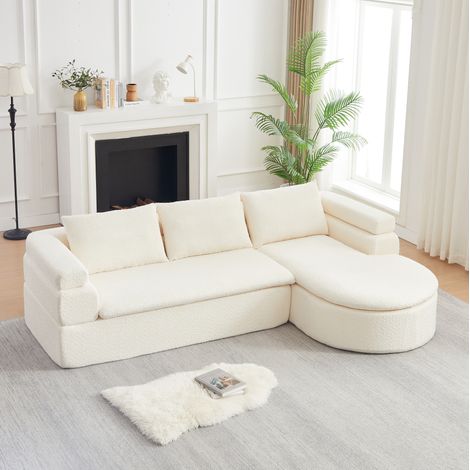 REDOM Sofá esquinero con chaiselongue, diseño escalonado y asiento acogedor, chenilla beige (1/5)
