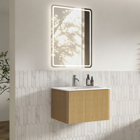 Mueble de baño suspendido con lavabo integrado, espejo LED regulable y cajón, acabado madera clara, diseño acanalado para baños pequeños y modernos – CHICFURN (1/5)