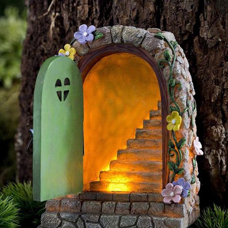 grande lampe solaire LED en forme de porte de fée, marches d'elfe, porte en pierre, décoration de jardin féerique magique secrète, figurine d'extérieur 11715cm (1/5)