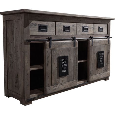 Massivmoebel24 – Buffet industriel 150x45 cm en manguier laqué gris – Style vintage et éléments en fer noir – 2 portes coulissantes et 4 tiroirs