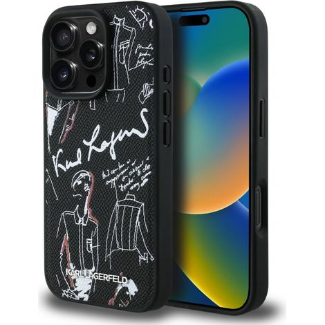 Funda MagSafe Karl Lagerfeld con estampado granulado y logotipo para iPhone 16 Pro, color negro. (1/5)