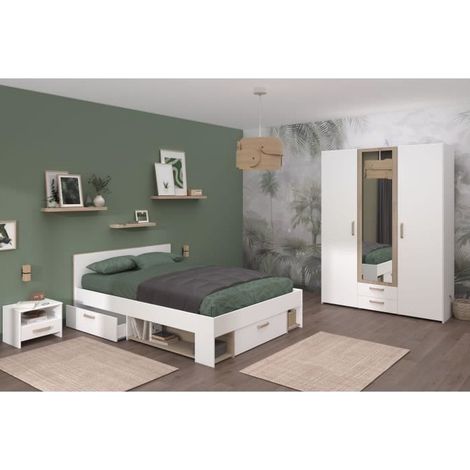 Chambre complète adulte – Lit 140x200 cm avec 3 tiroirs de rangement – 2 chevets et armoire 3 portes avec miroir – Décor blanc et chêne – Parisot (1/8)