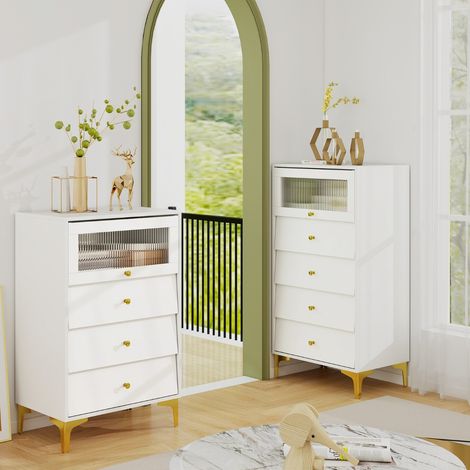 Commode 4 Tiroirs Armoire de Rangement Moderne avec Porte en Verre Strié Basculante et Tiroirs Coulissants Pieds Métalliques Dorés Gris (1/2)