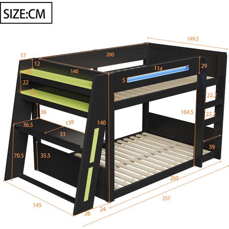DESVIAE Lit mezzanine gaming 140 x 200 cm avec bureau étagères USB LED noir et vert en pin et MDF