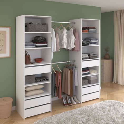 Dressing double colonne blanc 6 tiroirs – 2 barres de penderie – Panneaux de particules – L199,9 x H200 x P49,7 cm – Parisot